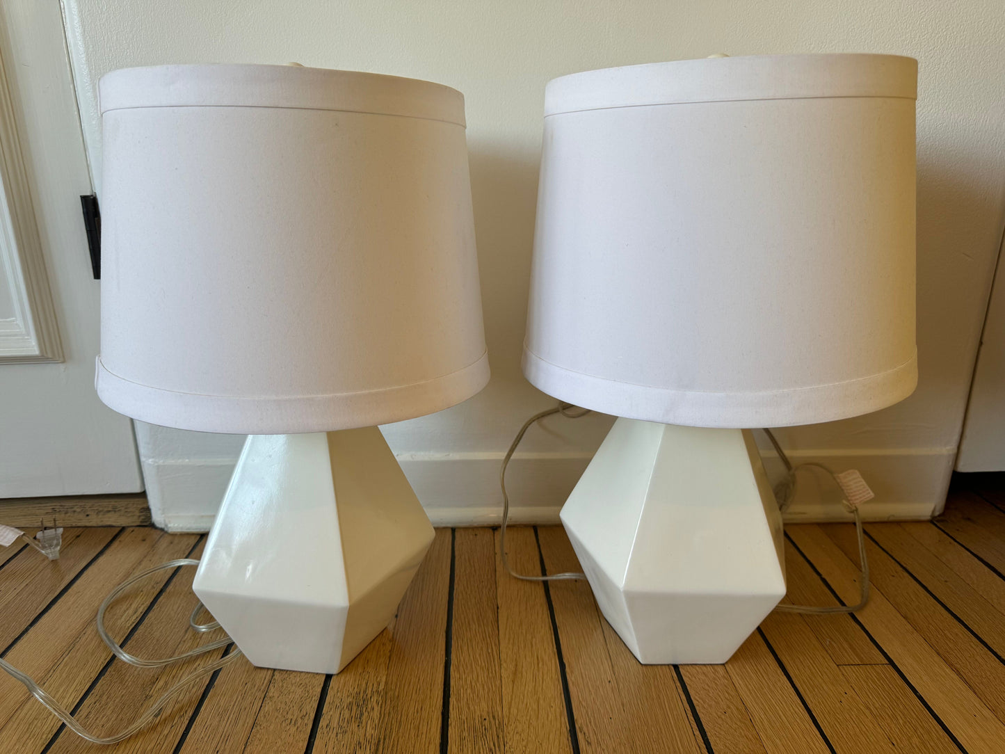 Pair of Diamond Shaped White Gloss Lamps with Shade