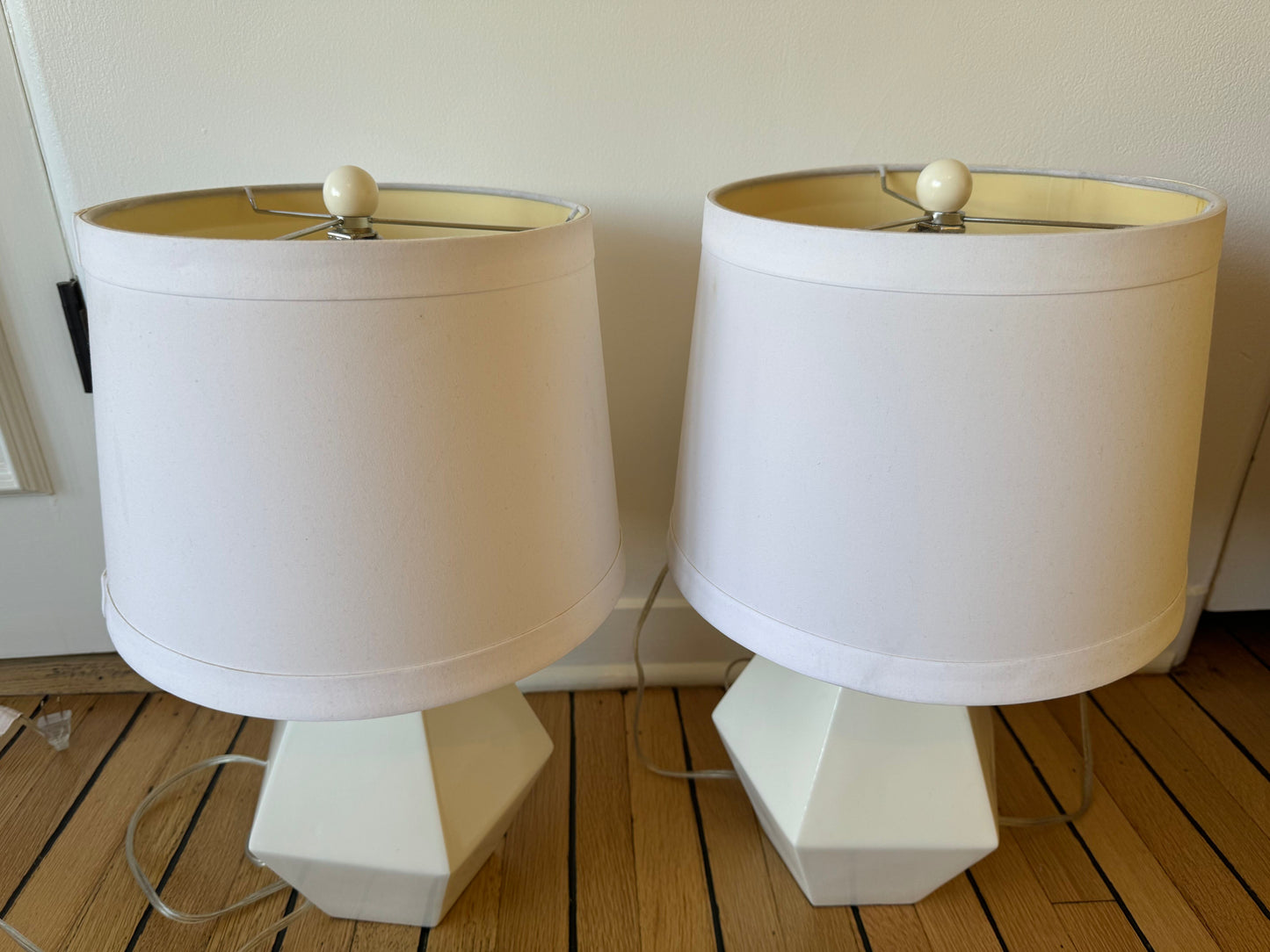 Pair of Diamond Shaped White Gloss Lamps with Shade