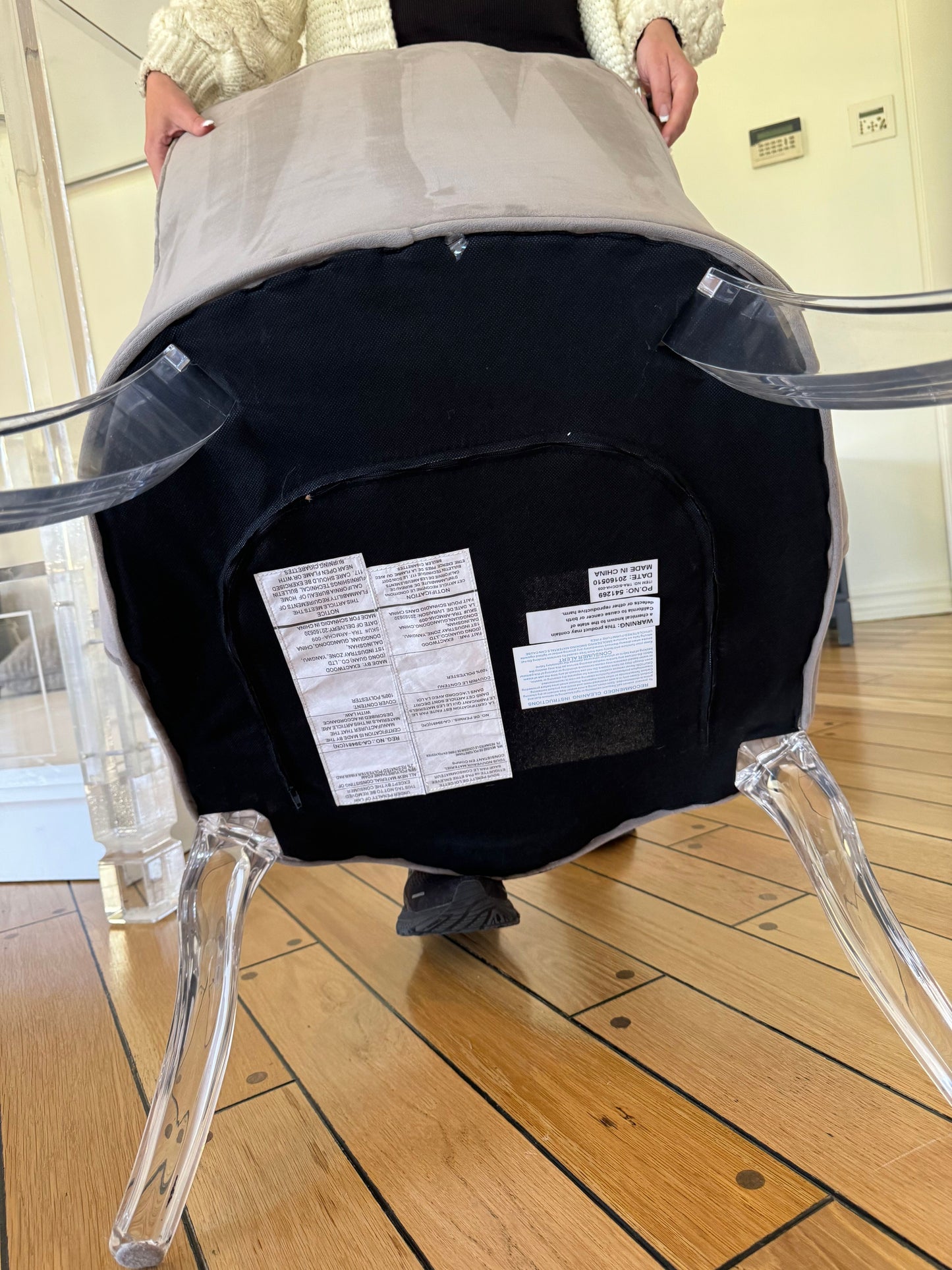 Pair of Tufted Velvet Gray Curved Armchairs with Lucite Base