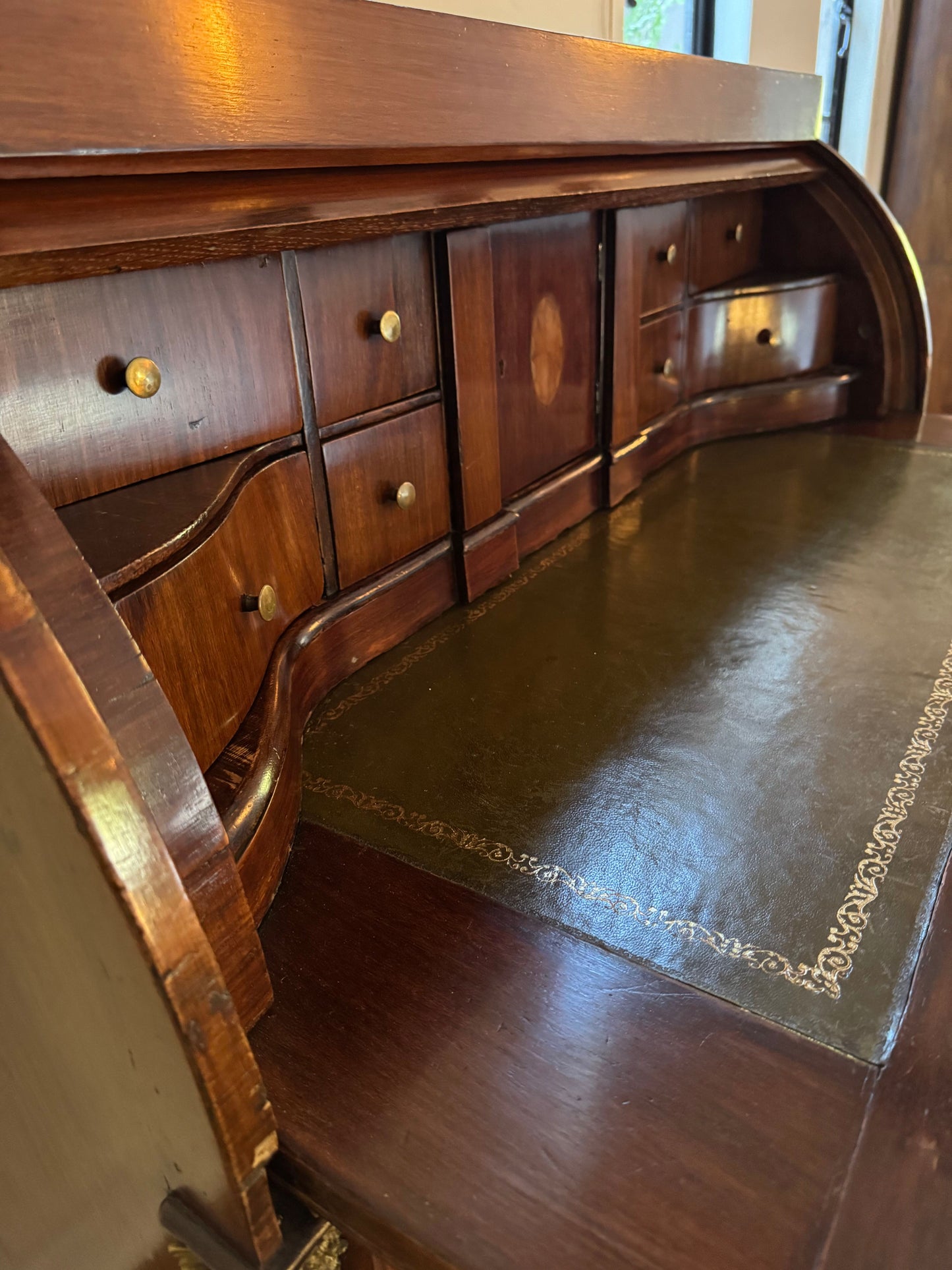 Antique Neoclassical Cylinder Roll Top Mahogany Secretary Desk