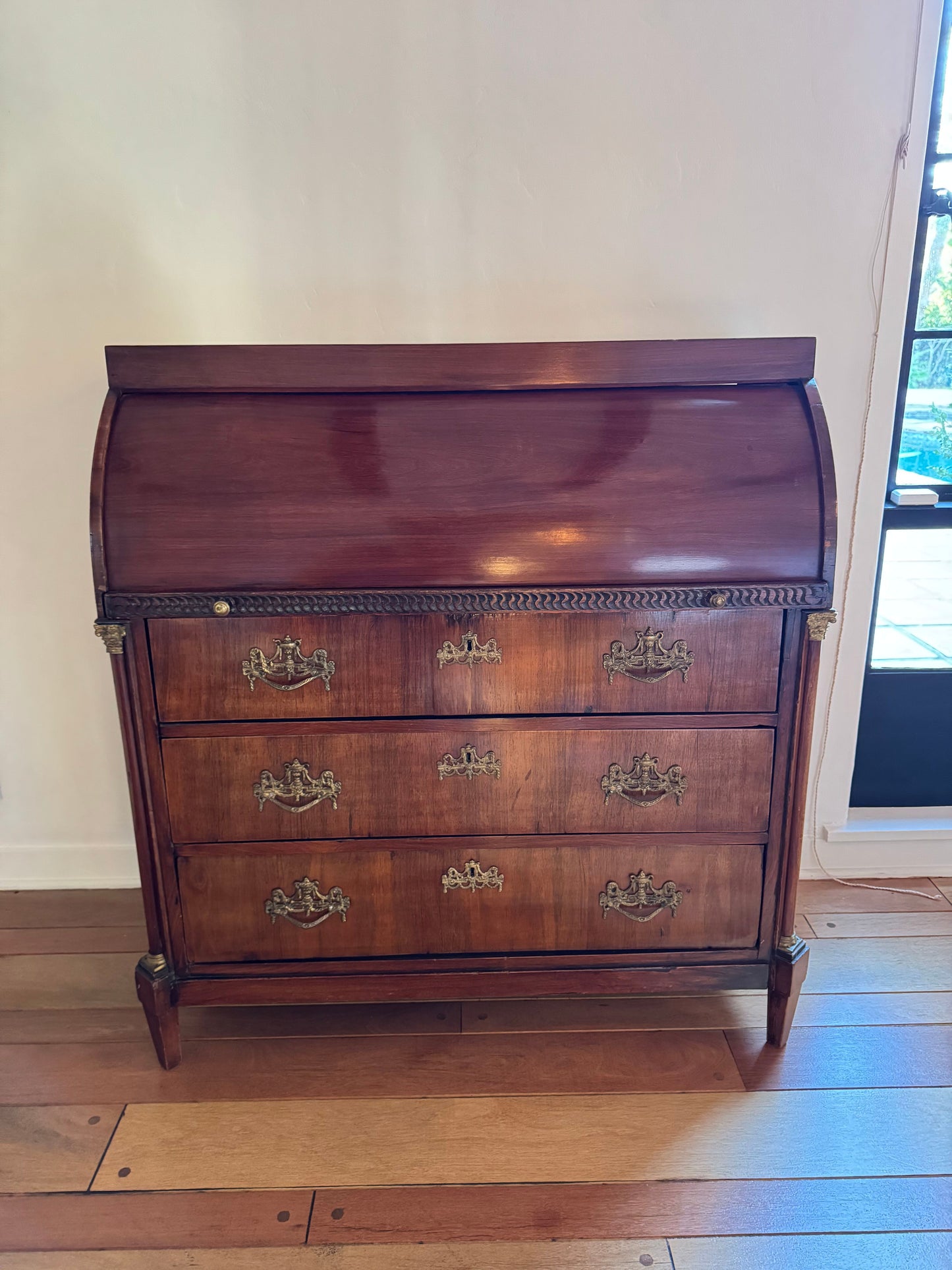 Antique Neoclassical Cylinder Roll Top Mahogany Secretary Desk
