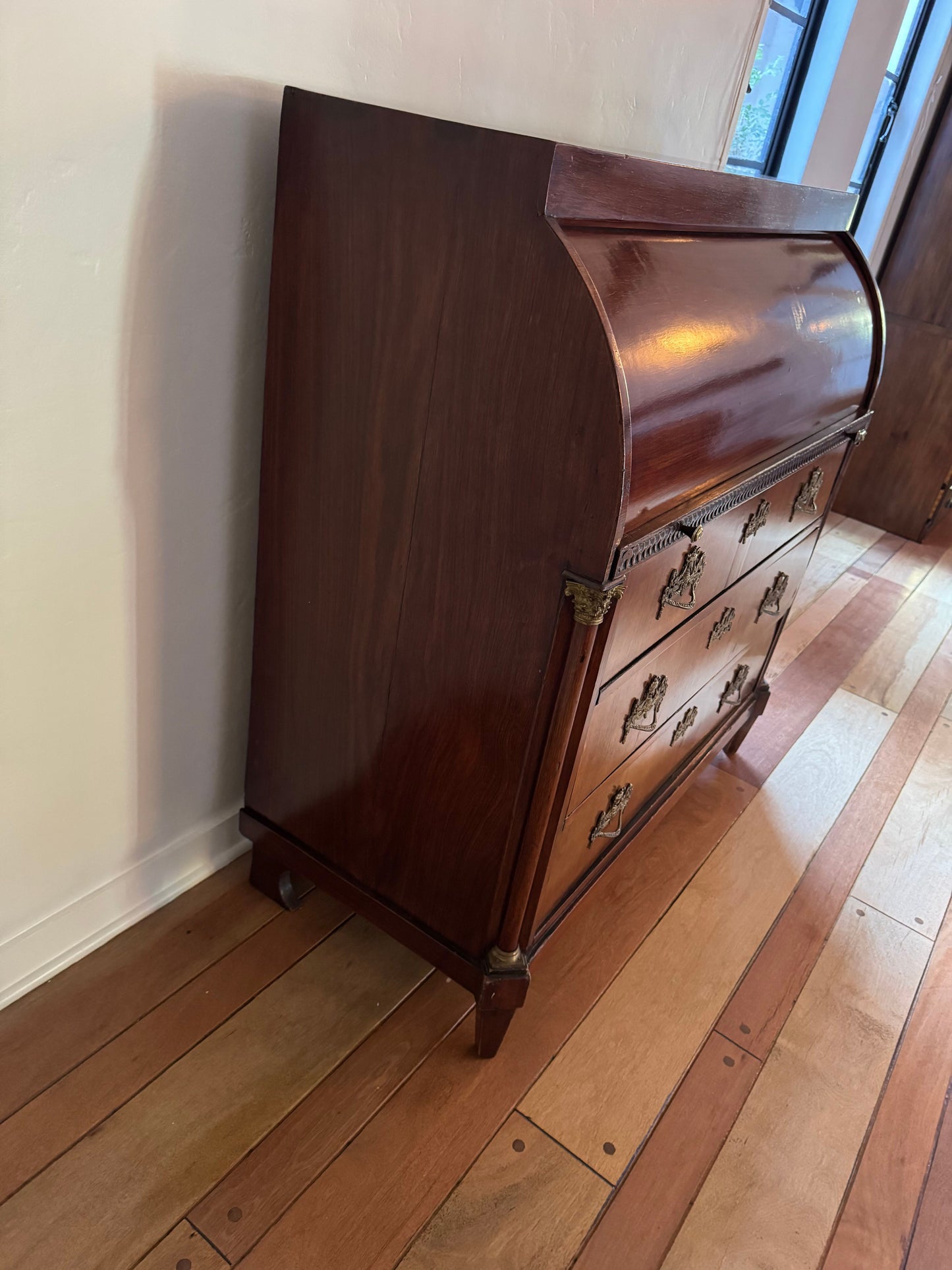 Antique Neoclassical Cylinder Roll Top Mahogany Secretary Desk