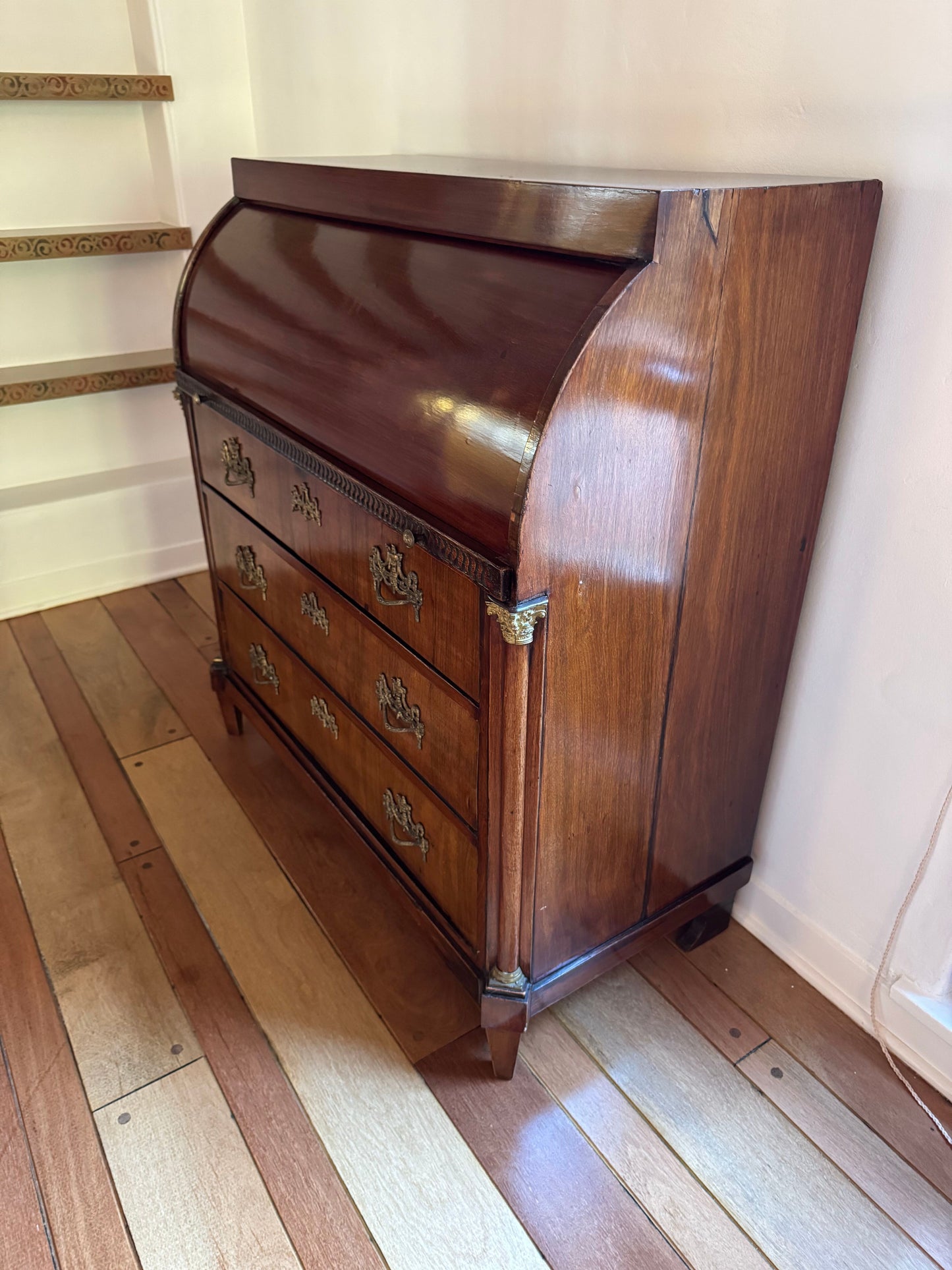 Antique Neoclassical Cylinder Roll Top Mahogany Secretary Desk