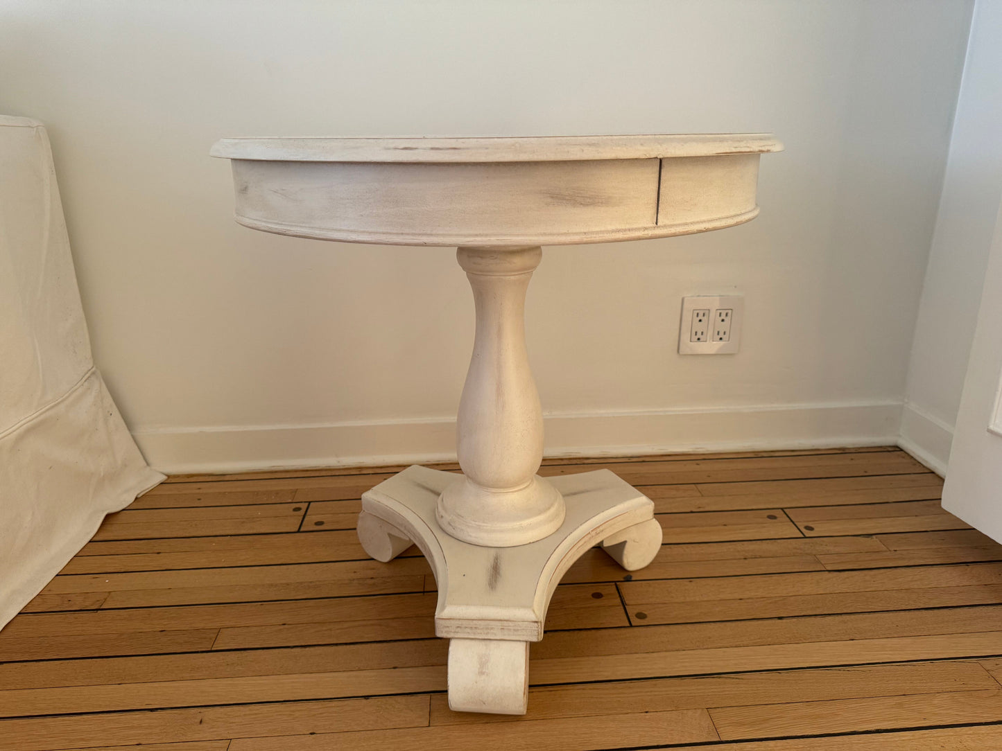 Distressed Finish Wood Round Accent Pedestal Table , Antique Beige