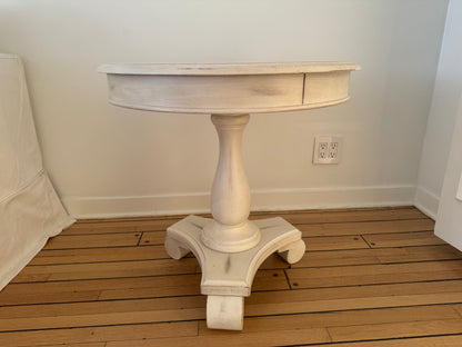 Distressed Finish Wood Round Accent Pedestal Table , Antique Beige