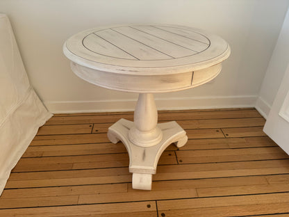 Distressed Finish Wood Round Accent Pedestal Table , Antique Beige