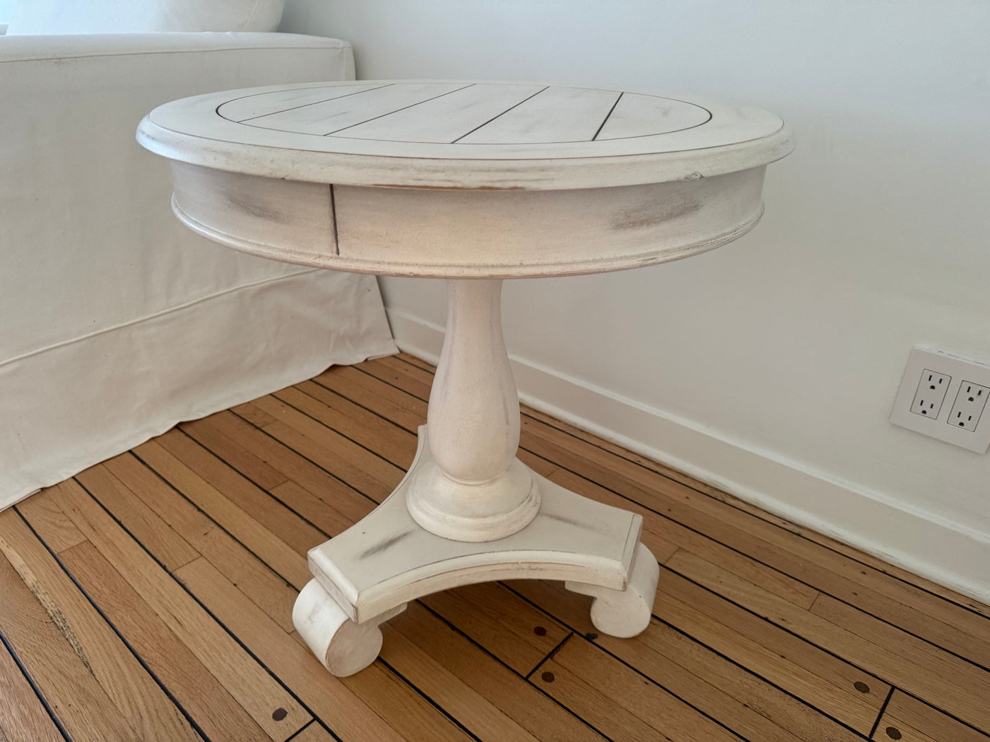 Distressed Finish Wood Round Accent Pedestal Table , Antique Beige