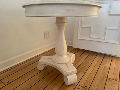 Distressed Finish Wood Round Accent Pedestal Table , Antique Beige