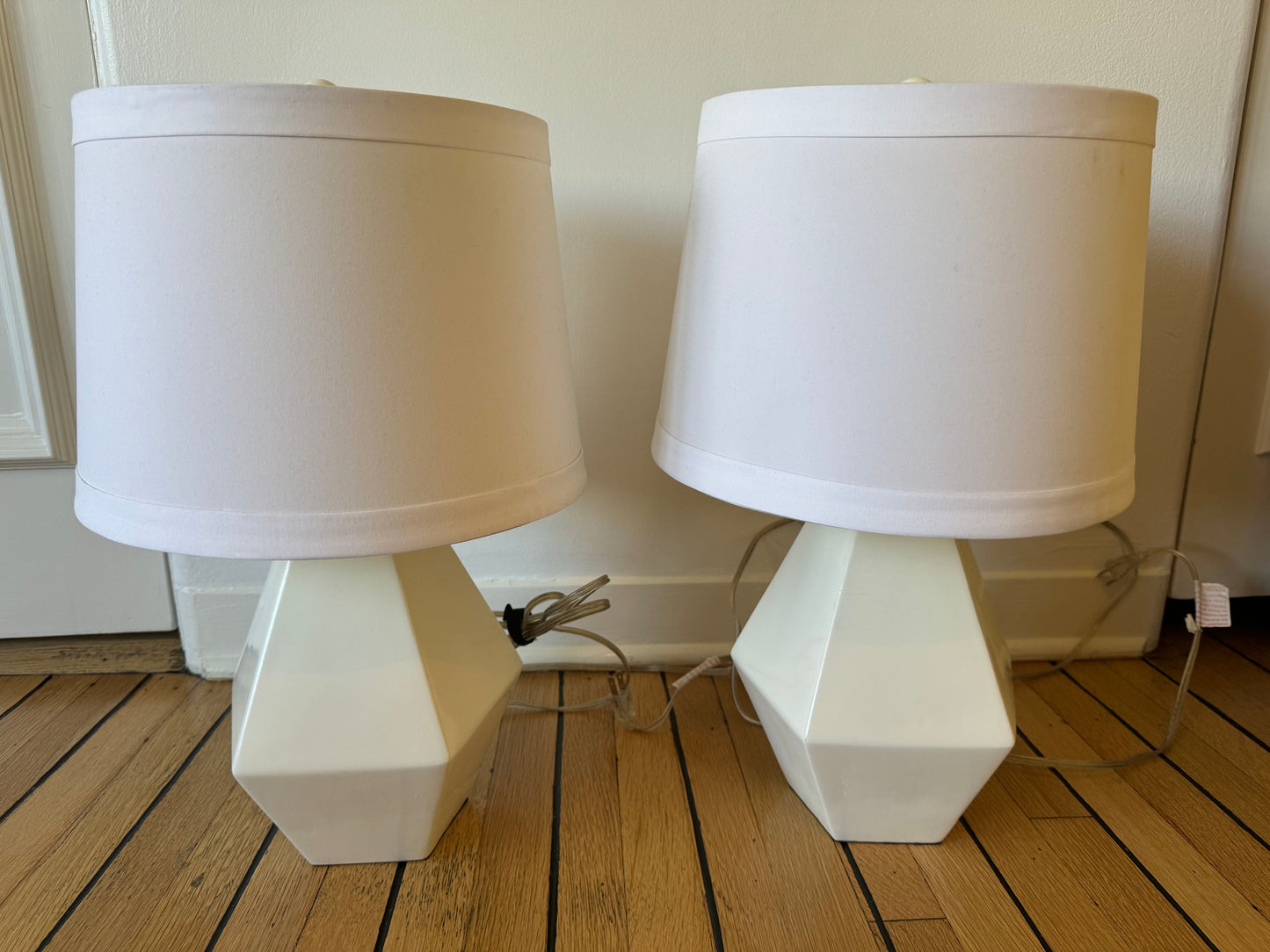 Pair of Diamond Shaped White Gloss Lamps with Shade