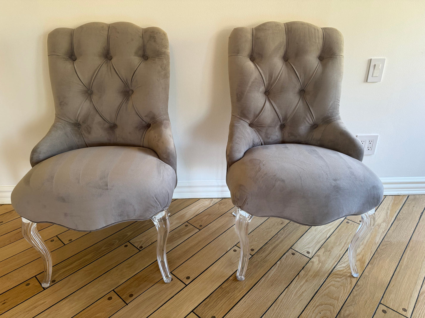 Pair of Tufted Velvet Gray Curved Armchairs with Lucite Base