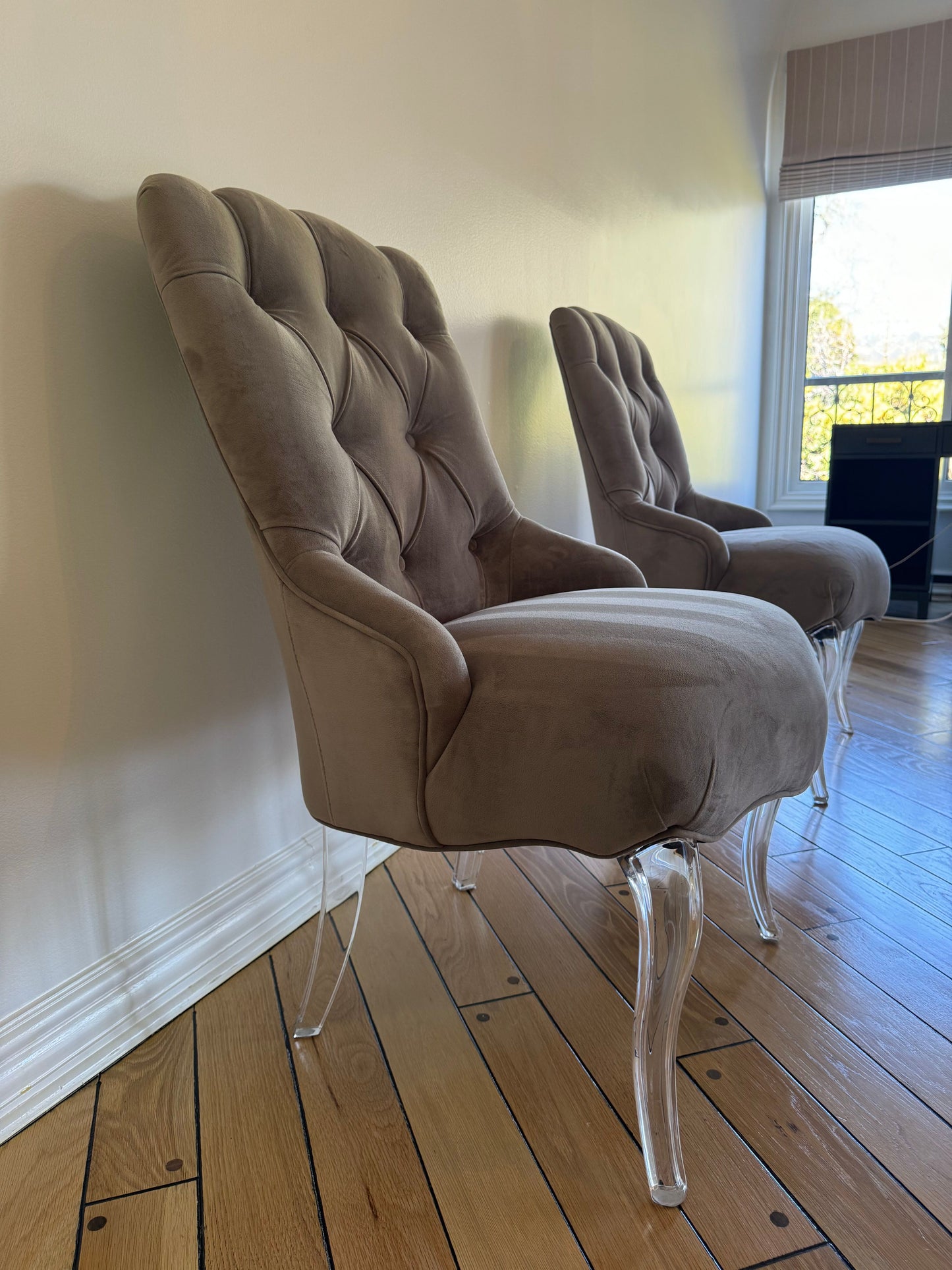 Pair of Tufted Velvet Gray Curved Armchairs with Lucite Base