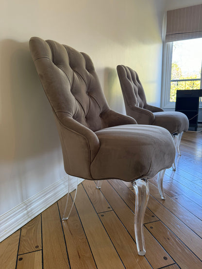 Pair of Tufted Velvet Gray Curved Armchairs with Lucite Base