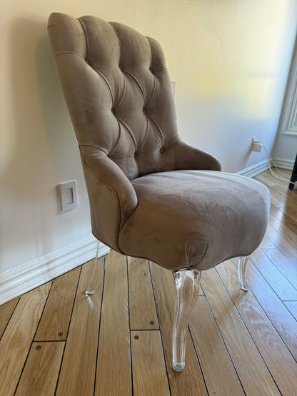 Pair of Tufted Velvet Gray Curved Armchairs with Lucite Base