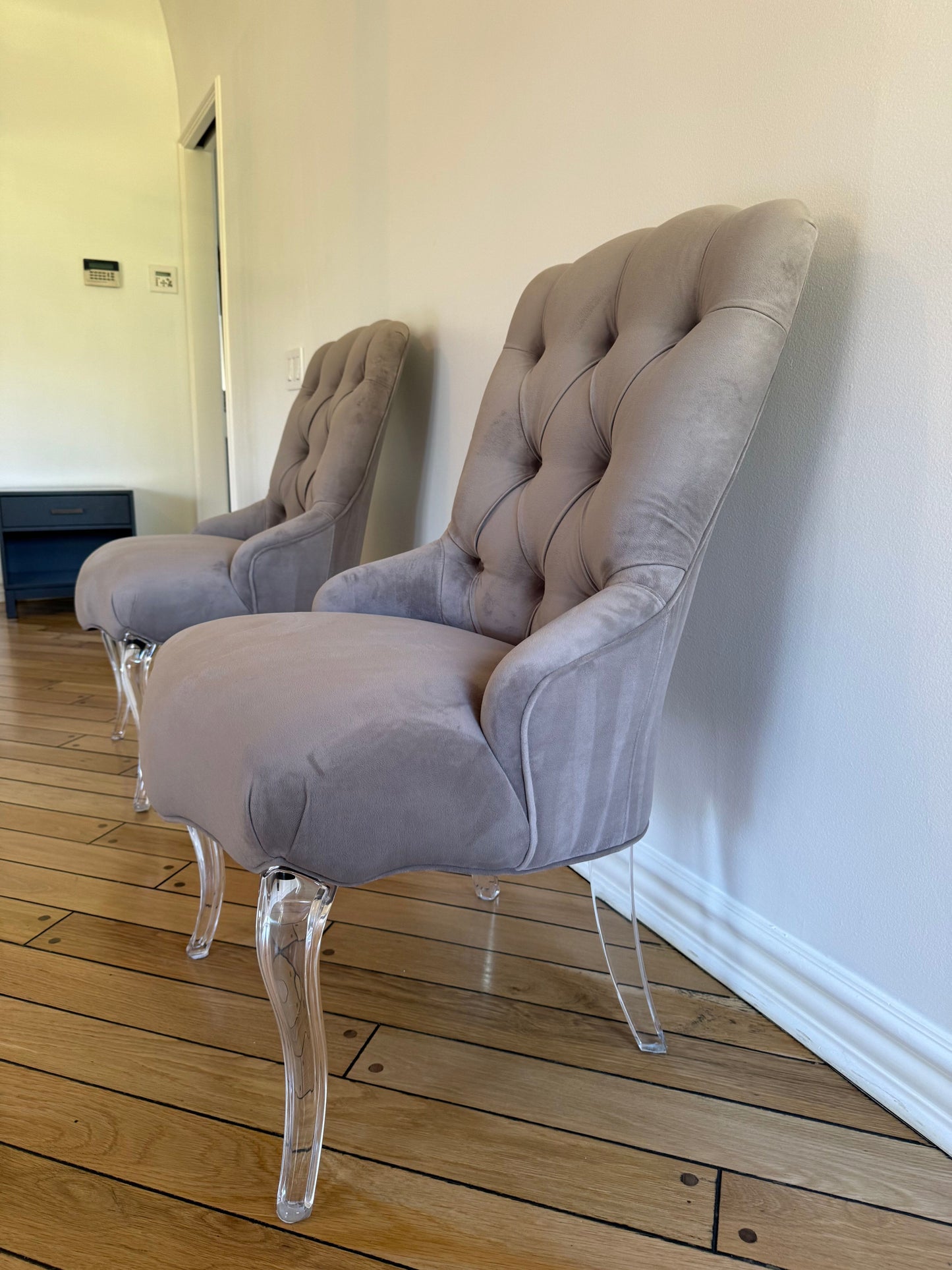 Pair of Tufted Velvet Gray Curved Armchairs with Lucite Base