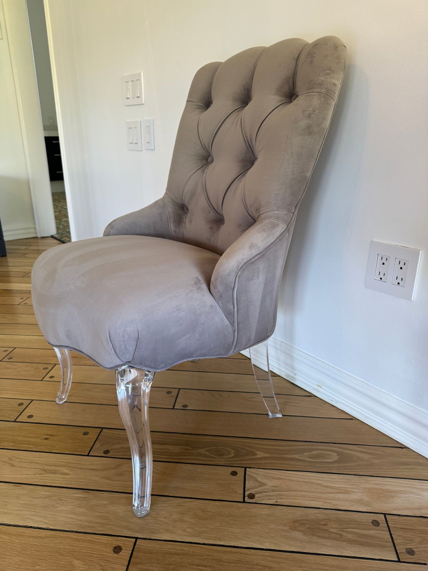 Pair of Tufted Velvet Gray Curved Armchairs with Lucite Base