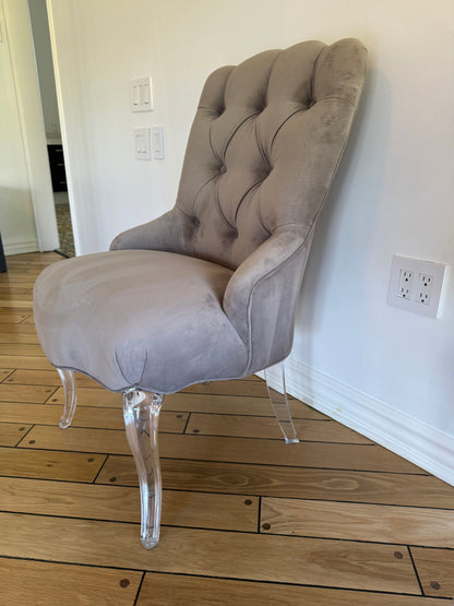 Pair of Tufted Velvet Gray Curved Armchairs with Lucite Base