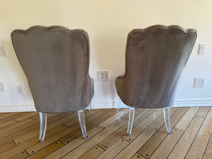 Pair of Tufted Velvet Gray Curved Armchairs with Lucite Base