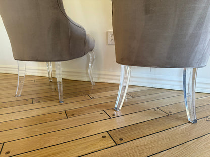 Pair of Tufted Velvet Gray Curved Armchairs with Lucite Base