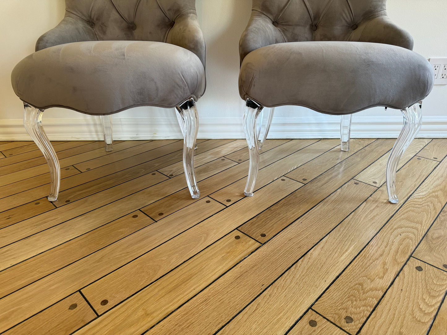 Pair of Tufted Velvet Gray Curved Armchairs with Lucite Base