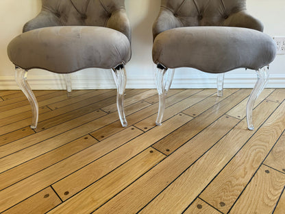 Pair of Tufted Velvet Gray Curved Armchairs with Lucite Base